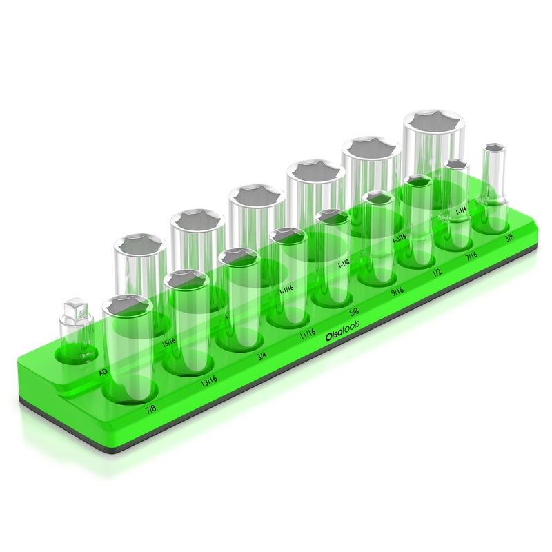Olsa Tools Magnetic Socket Organizer | 1/2-inch Drive | SAE | Green | Holds 16 Sockets | Professional Quality Tools Organizer - Image 1